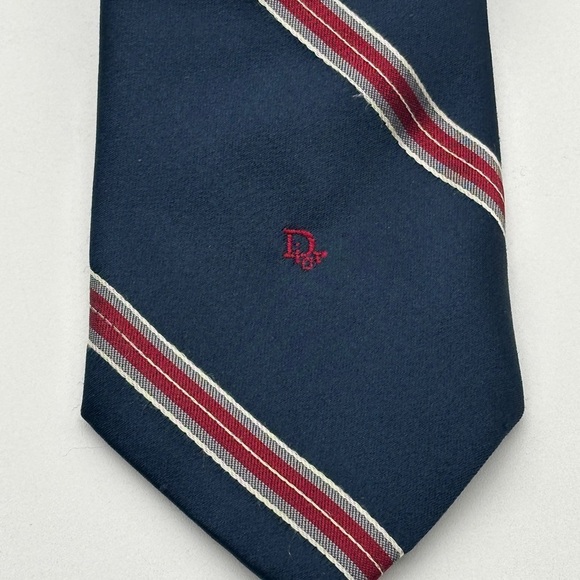 VINTAGE Christian Dior Mens Tie Striped Blue Red Gray Logo Embroidered - Picture 2 of 5